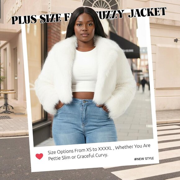 Women's Fur Coats Plus Size Cropped Faux Fuzzy Jacket Fluffy Fall Coat White - Picture 5 of 5